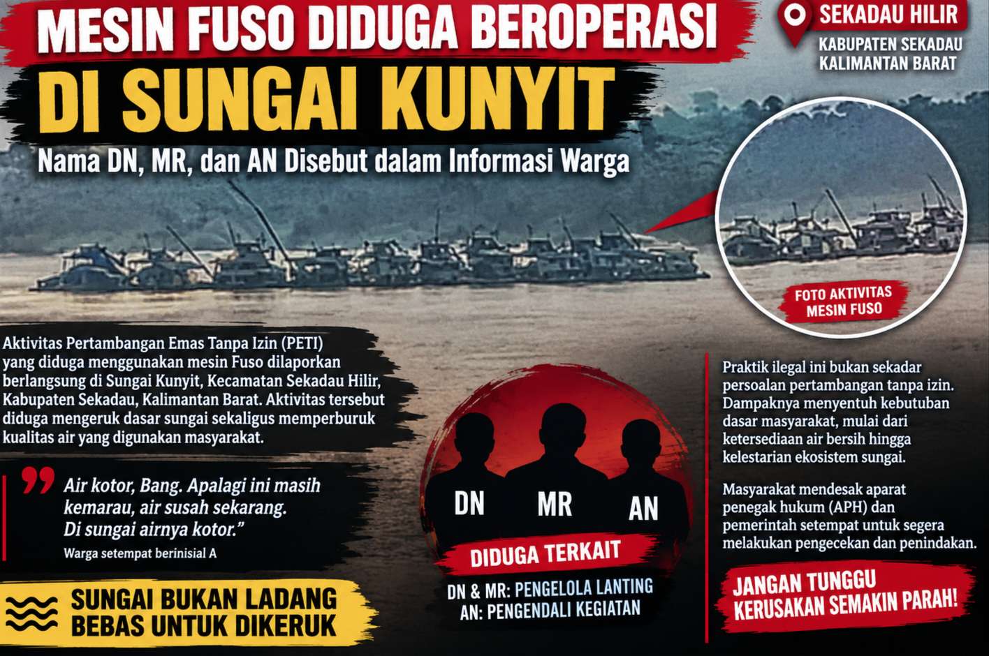 Tambang Mas Ilegal Menggunakan Mesin Fuso Diduga Beroperasi di Sungai Kunyit, Nama DN, MR, dan AN Disebut dalam Informasi Warga